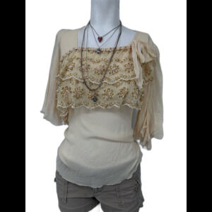 Vtg Y2K Beaded Babydoll Top 100% Silk S Fairygrunge Whimsigoth Sequins Sheer